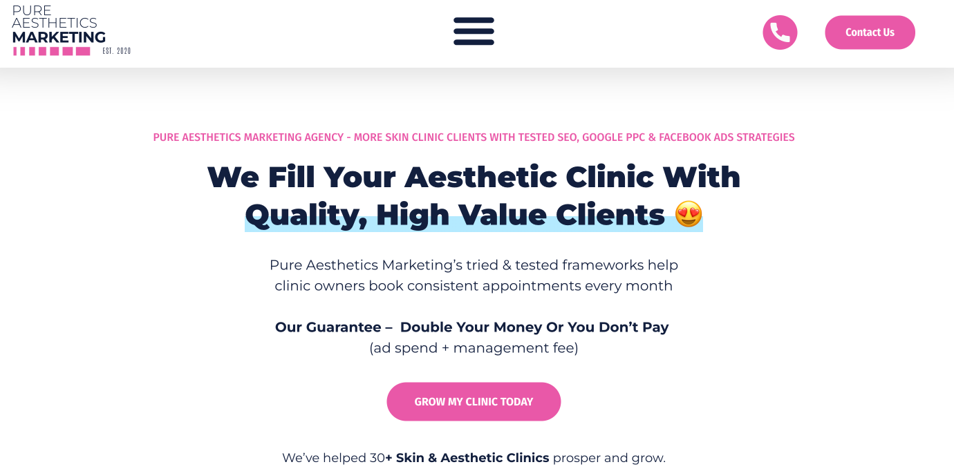 Pure Aesthetics Marketing homepage