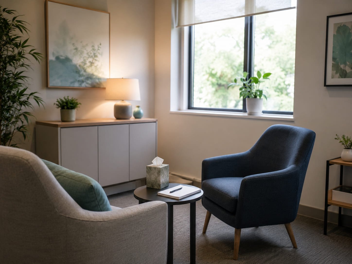 Calm private clinic consultation room set up for an ADHD or autism assessment appointment