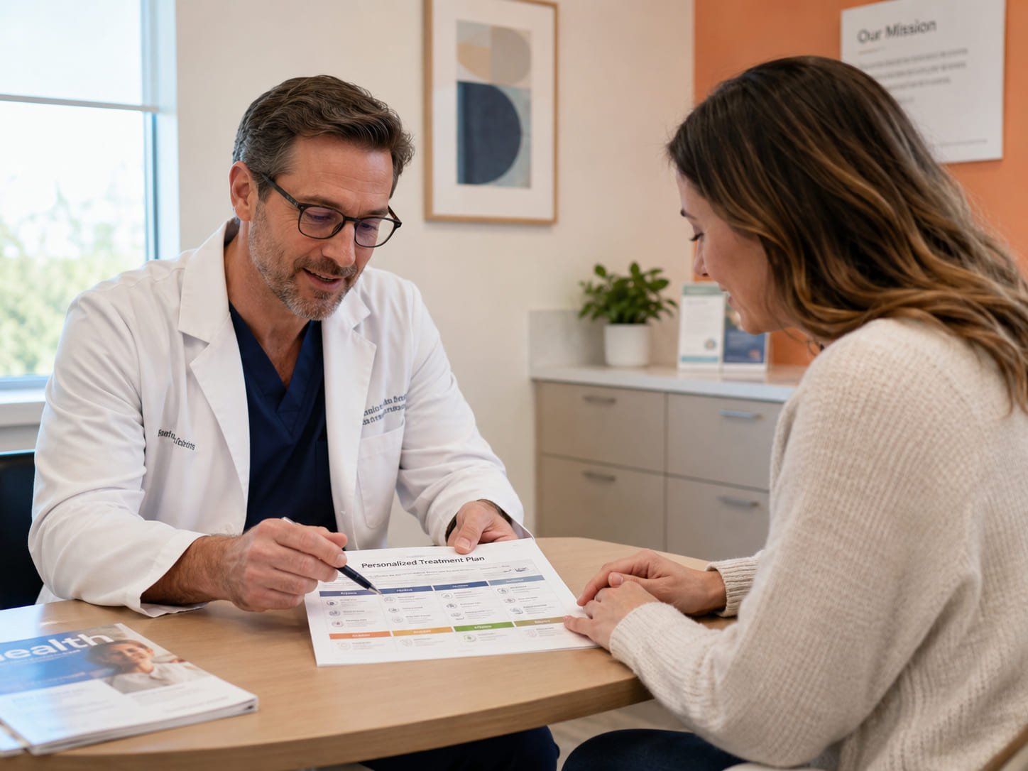 Prescriber consulting with a patient in a bright Irish aesthetic clinic