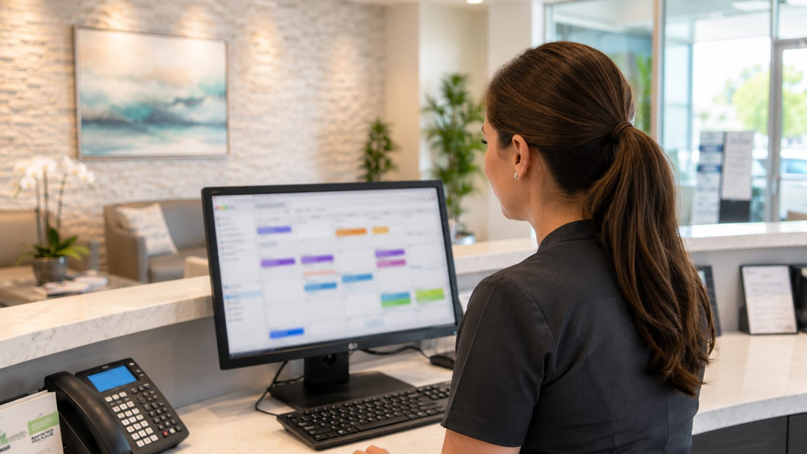 Clinic reception desk with a receptionist checking a booking screen in a bright private clinic