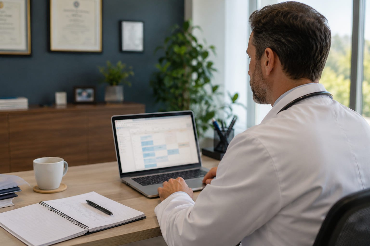 Doctor reviewing appointment and booking data on a laptop in a bright clinic office
