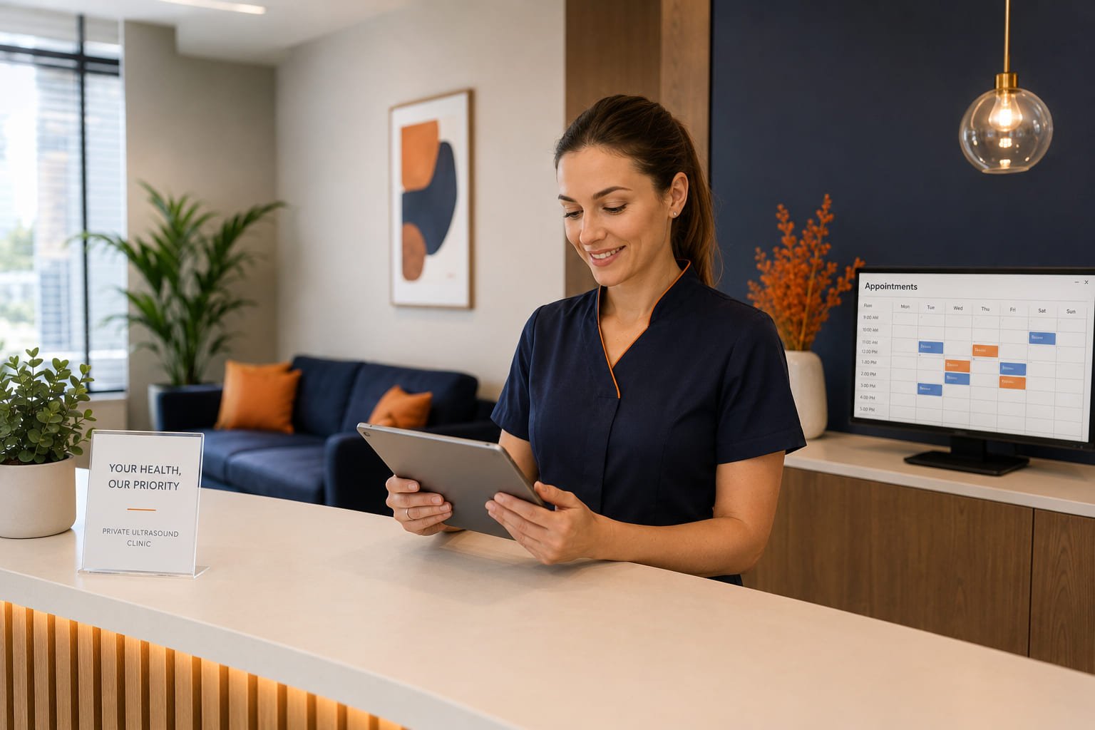 Receptionist checking a booking calendar on a tablet at a private ultrasound clinic reception desk