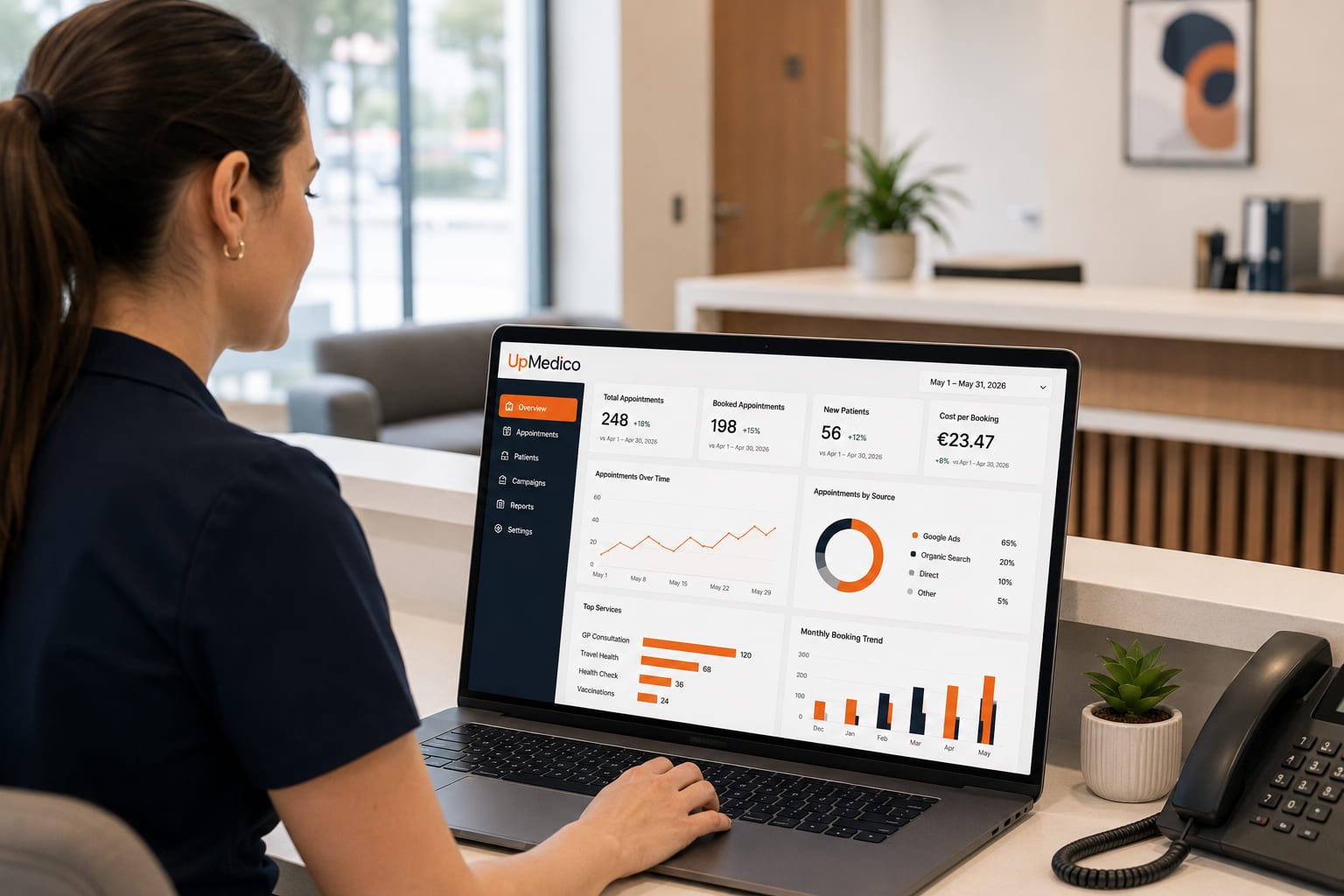 Clinic staff reviewing a telehealth booking analytics dashboard on a laptop