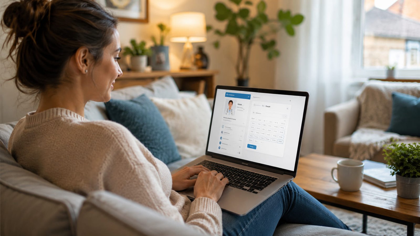 Patient booking a video GP consultation on a laptop at home in Ireland