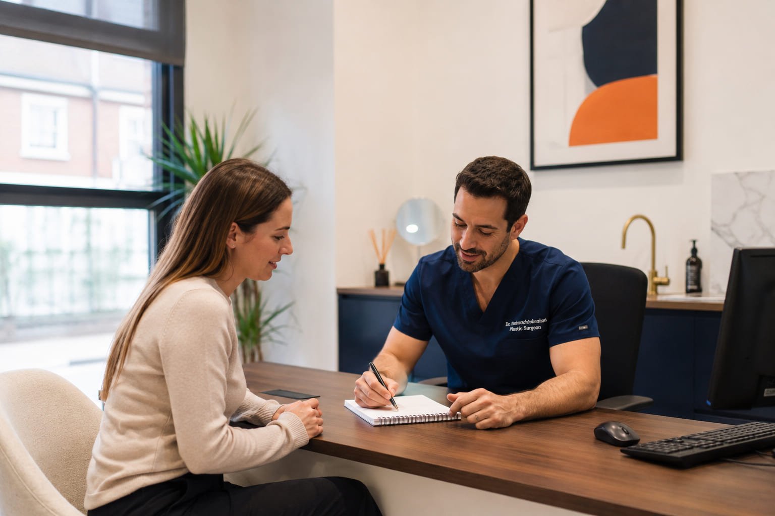 Clinician discussing a weight-management consultation with a patient in a bright private clinic room
