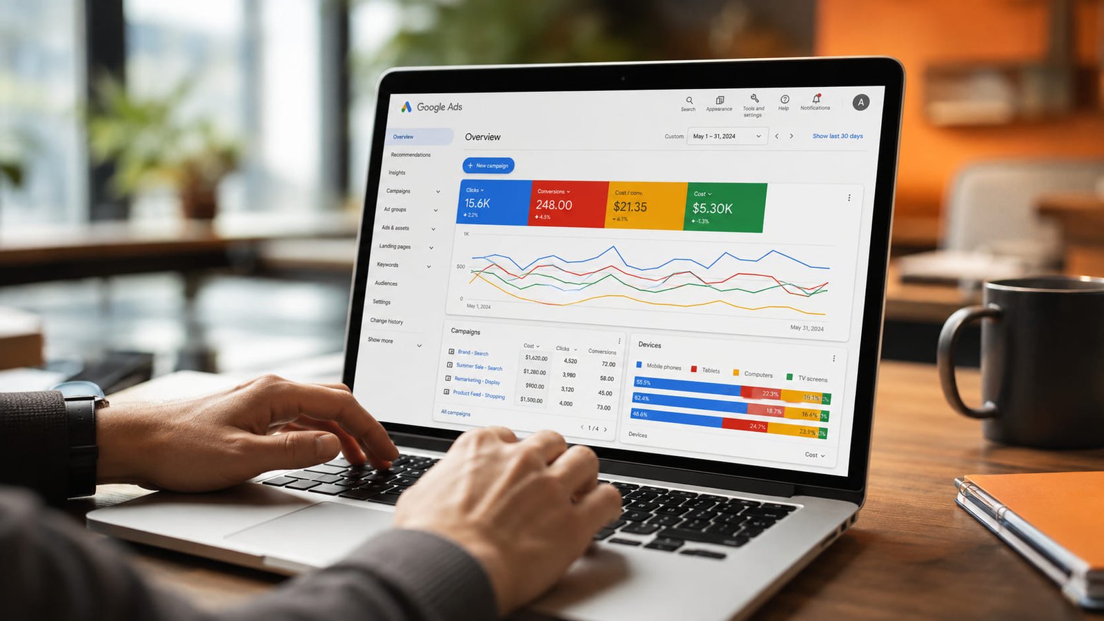 Marketer reviewing a weight loss clinic ad campaign dashboard on a laptop