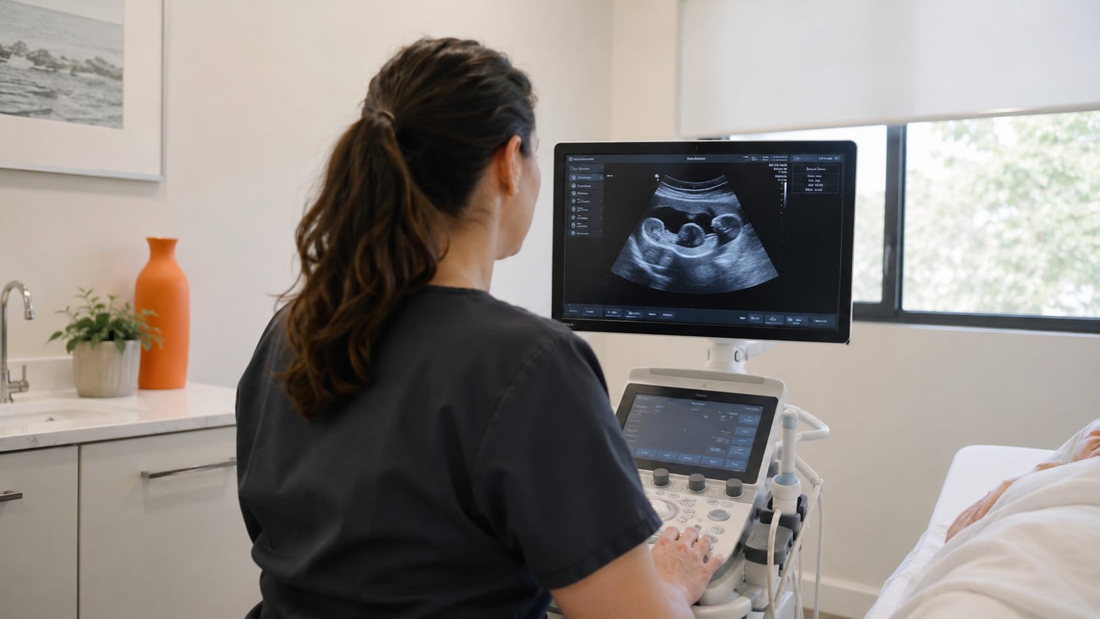 Sonographer reviewing an early pregnancy ultrasound image on a screen in a bright private clinic