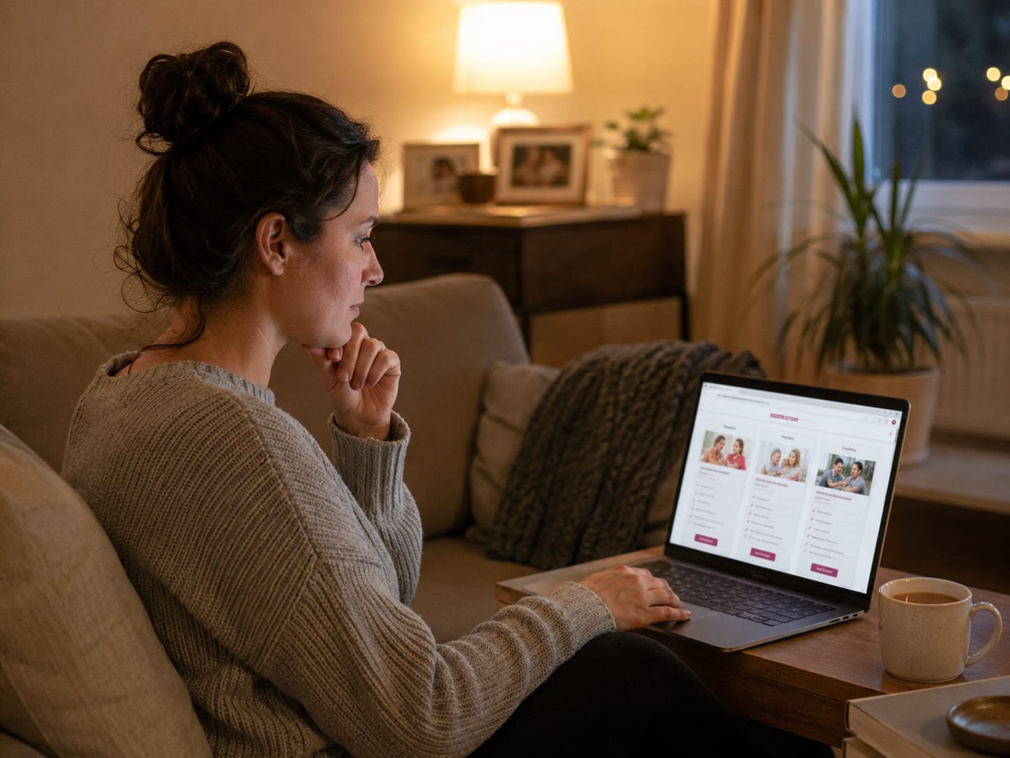 Woman comparing private fertility clinic websites on a laptop in the evening