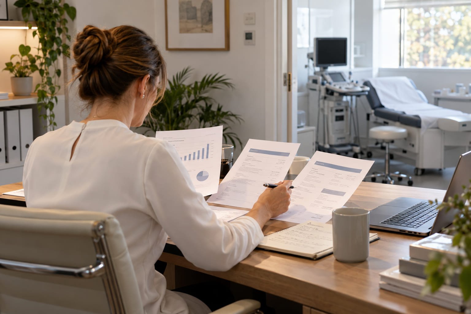 Clinic director comparing printed agency proposals at a desk in a private ultrasound clinic
