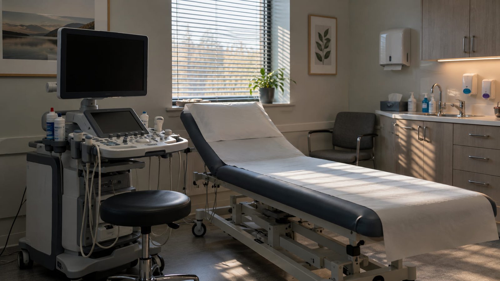 Empty ultrasound room with the scanner switched off on a weekday afternoon in a UK private diagnostic clinic