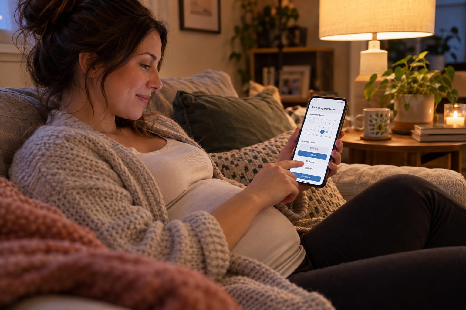 Pregnant woman at home choosing an early scan appointment time on a clinic booking calendar on her smartphone