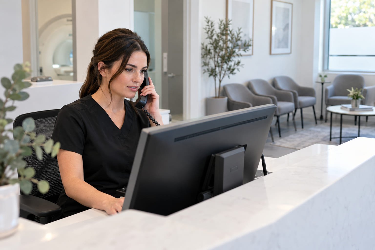 Clinic receptionist confirming a scan appointment on the booking system while holding the phone