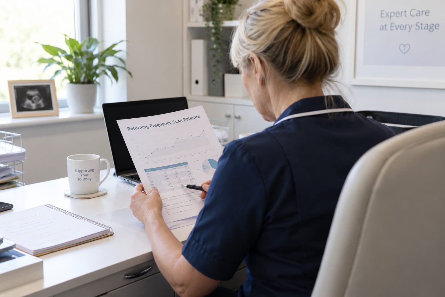 Clinic owner reviewing a report of returning pregnancy scan patients at a desk in a private ultrasound clinic
