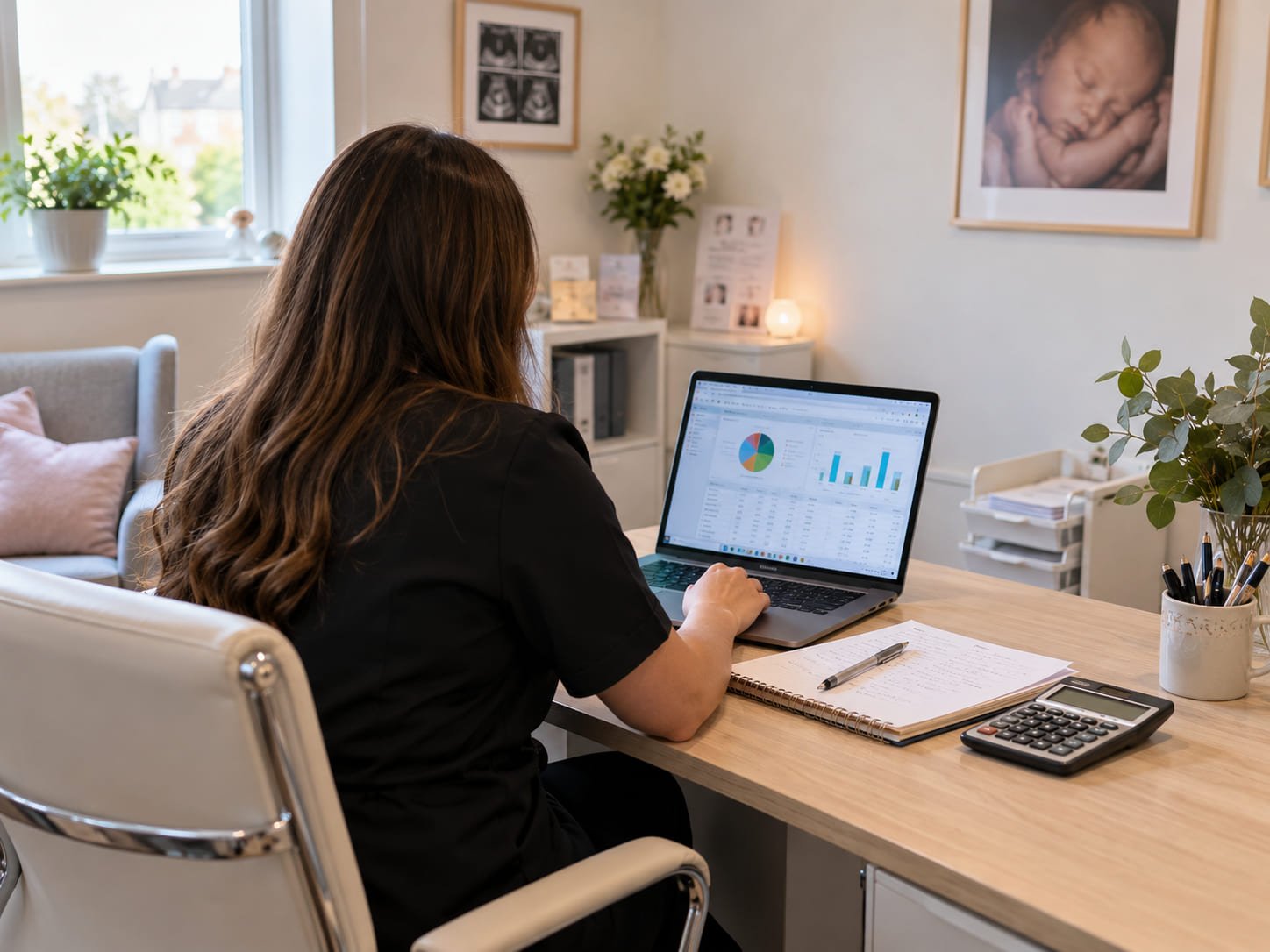 Owner of a private pregnancy scan clinic reviewing a monthly advertising budget on a laptop at a desk