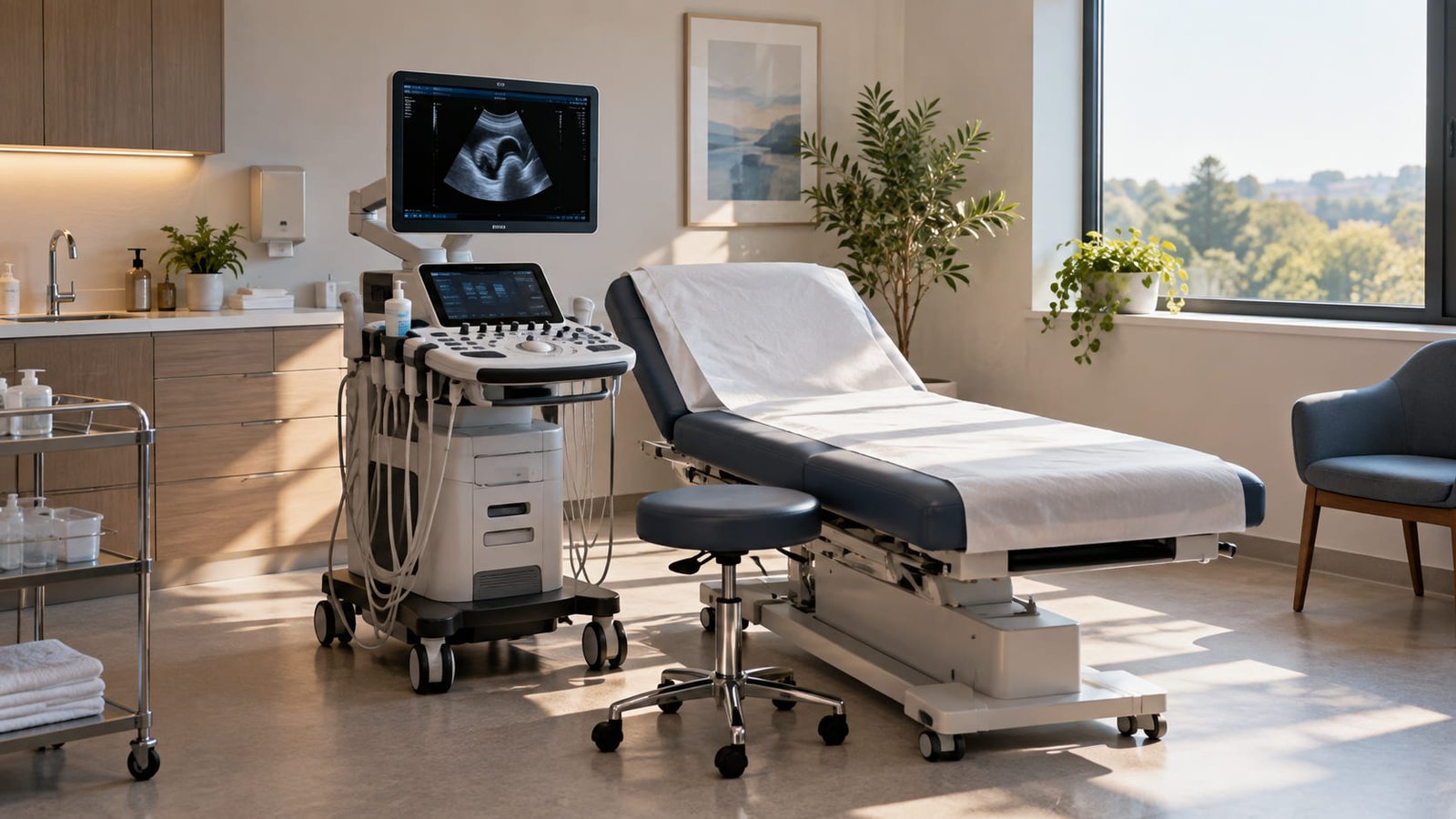 Empty private ultrasound scanning room on a weekday afternoon with the scanner switched on and the couch prepared