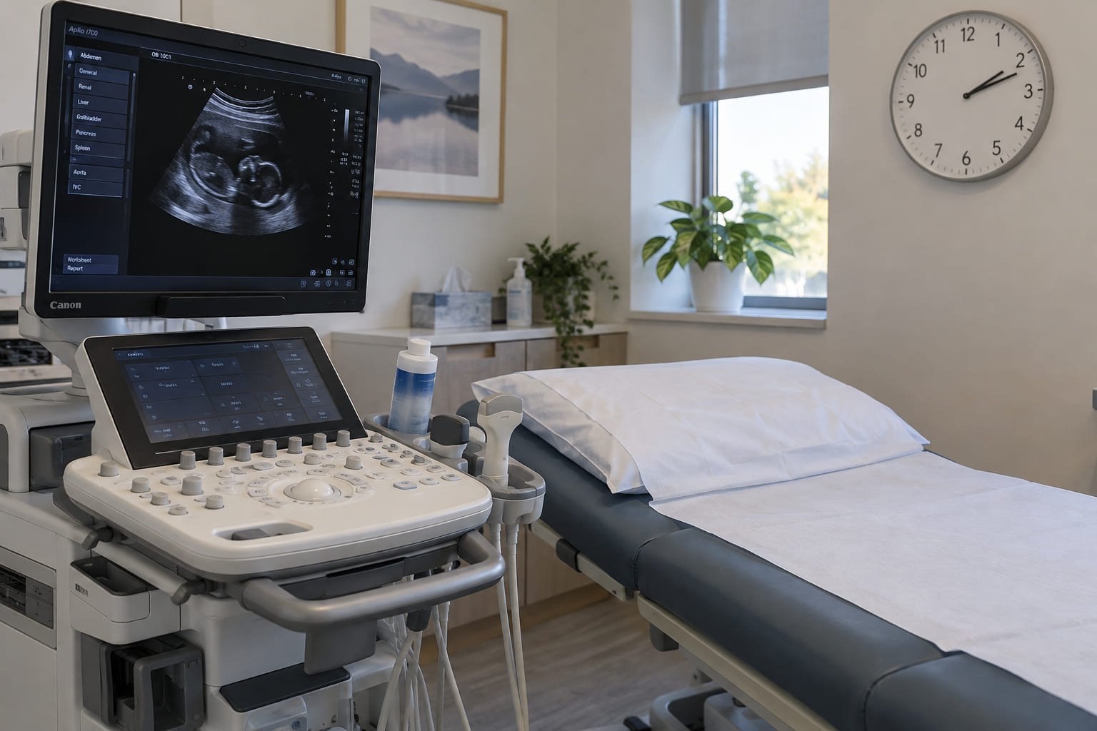 Private ultrasound scanning room on a Tuesday afternoon with the couch prepared and no patient booked