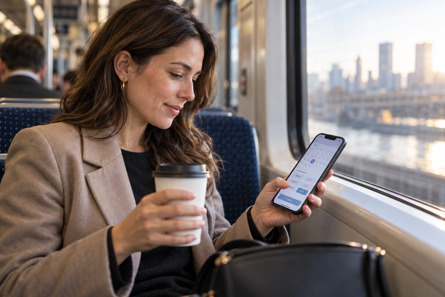 Patient booking a same-day ultrasound scan on her phone during a weekday morning commute