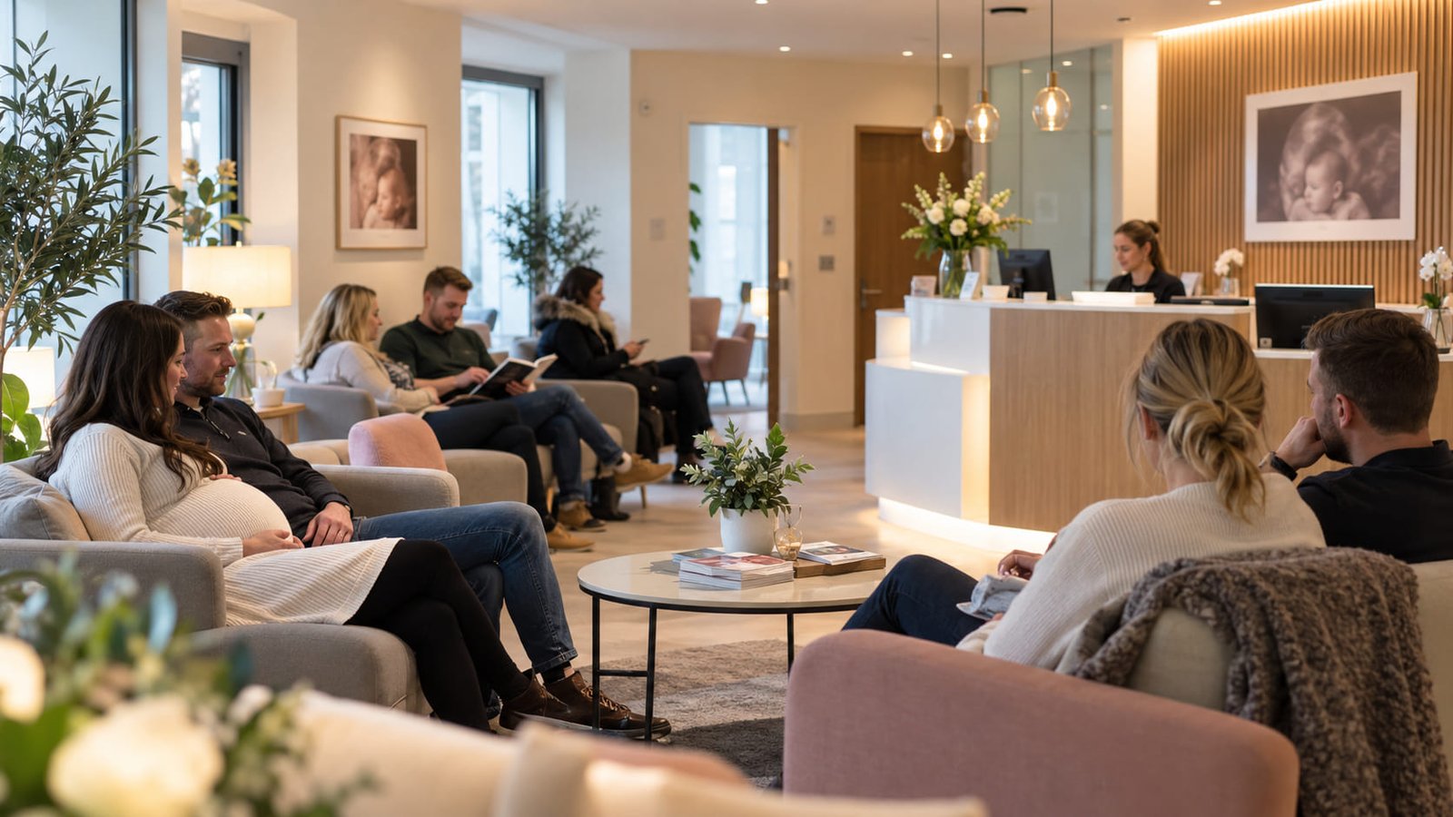 Busy Saturday waiting room in a private pregnancy scan clinic with couples waiting for their appointments