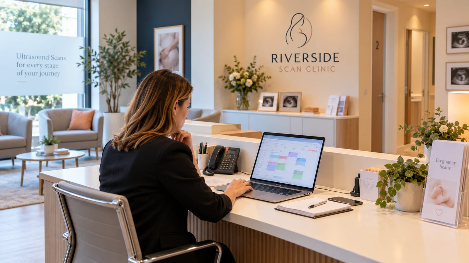 Clinic manager reviewing the weekly scan diary on a laptop at an empty reception desk on a weekday afternoon
